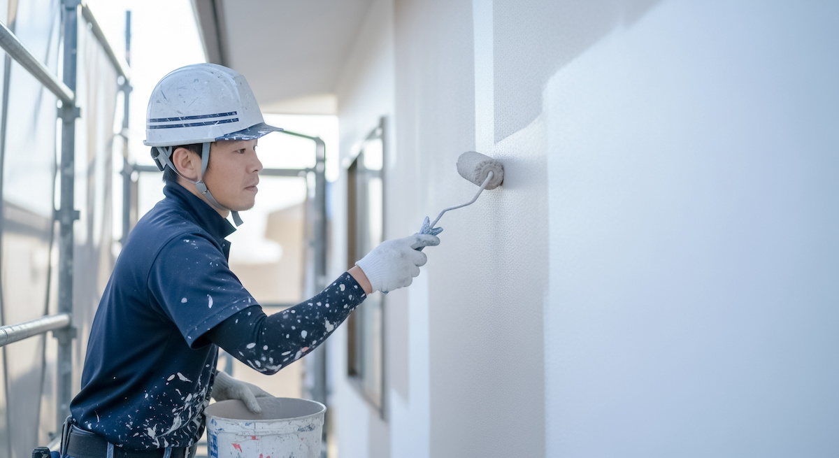 ローラーを使って住宅の外壁を塗装する職人