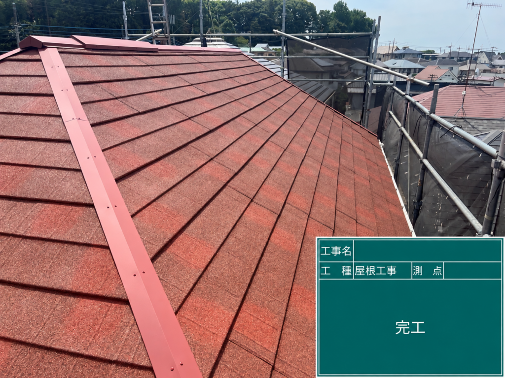海老名市の戸建て住宅で屋根塗装が完了した様子。赤茶色に仕上げた屋根と棟板金。